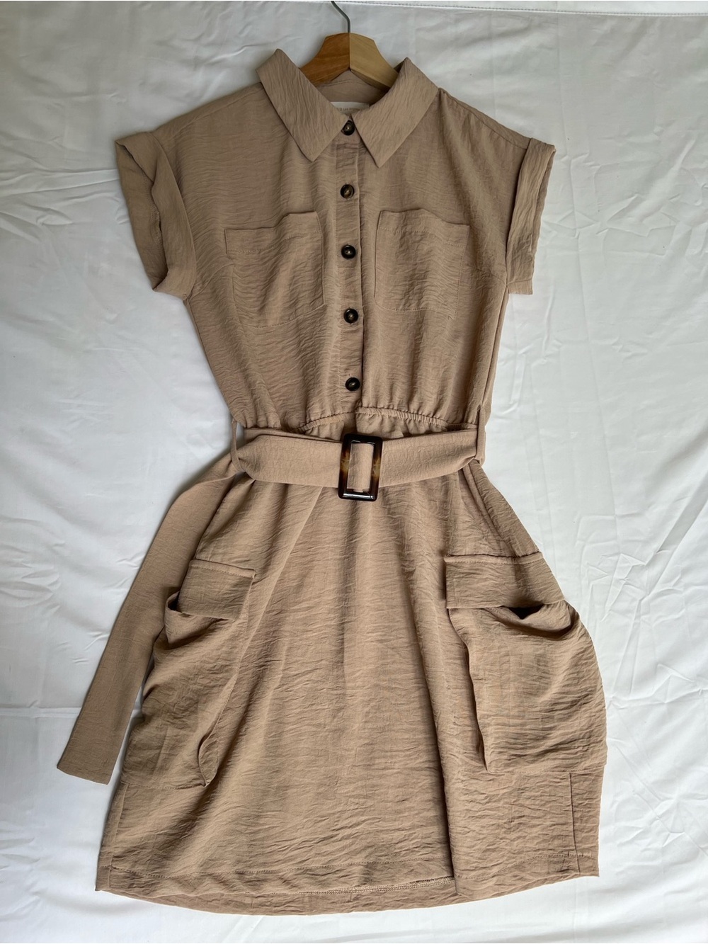 Monteau Beige Belted Short-Sleeve Mini Shirt Dress